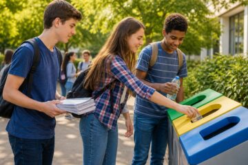 Students recycling outdoors at school
