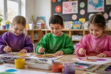 Elementary students painting in class