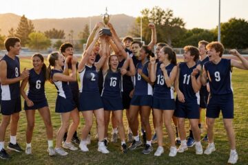 High school sports team celebrating on the field