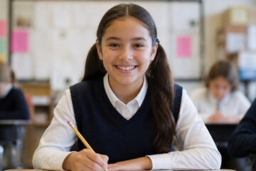 Middle school student at a classroom desk