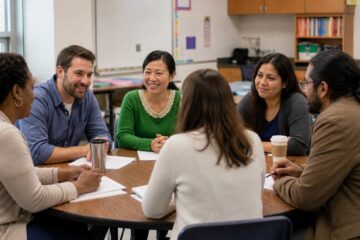 PTA parents and a teacher meeting at school