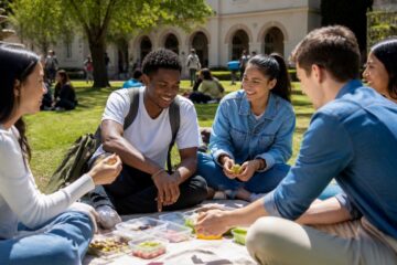 Students sharing snacks outdoors